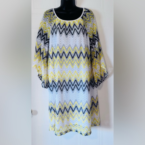 Tacera Women's Yellow Black White Chevron Knee Length Lace Lined Dress Size 1X - Picture 1 of 15